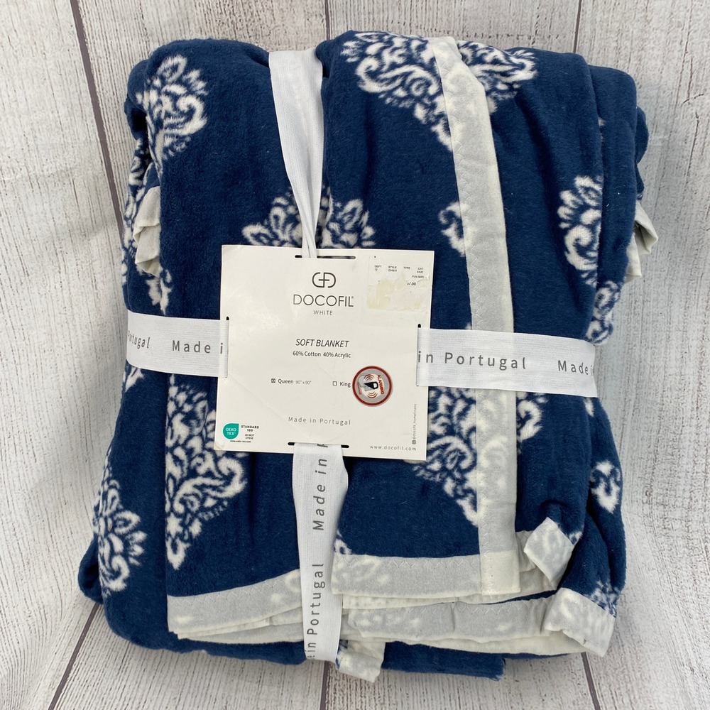 Docofil Soft Blanket Queen Navy Blue White Damask Medallion Made in Portugal